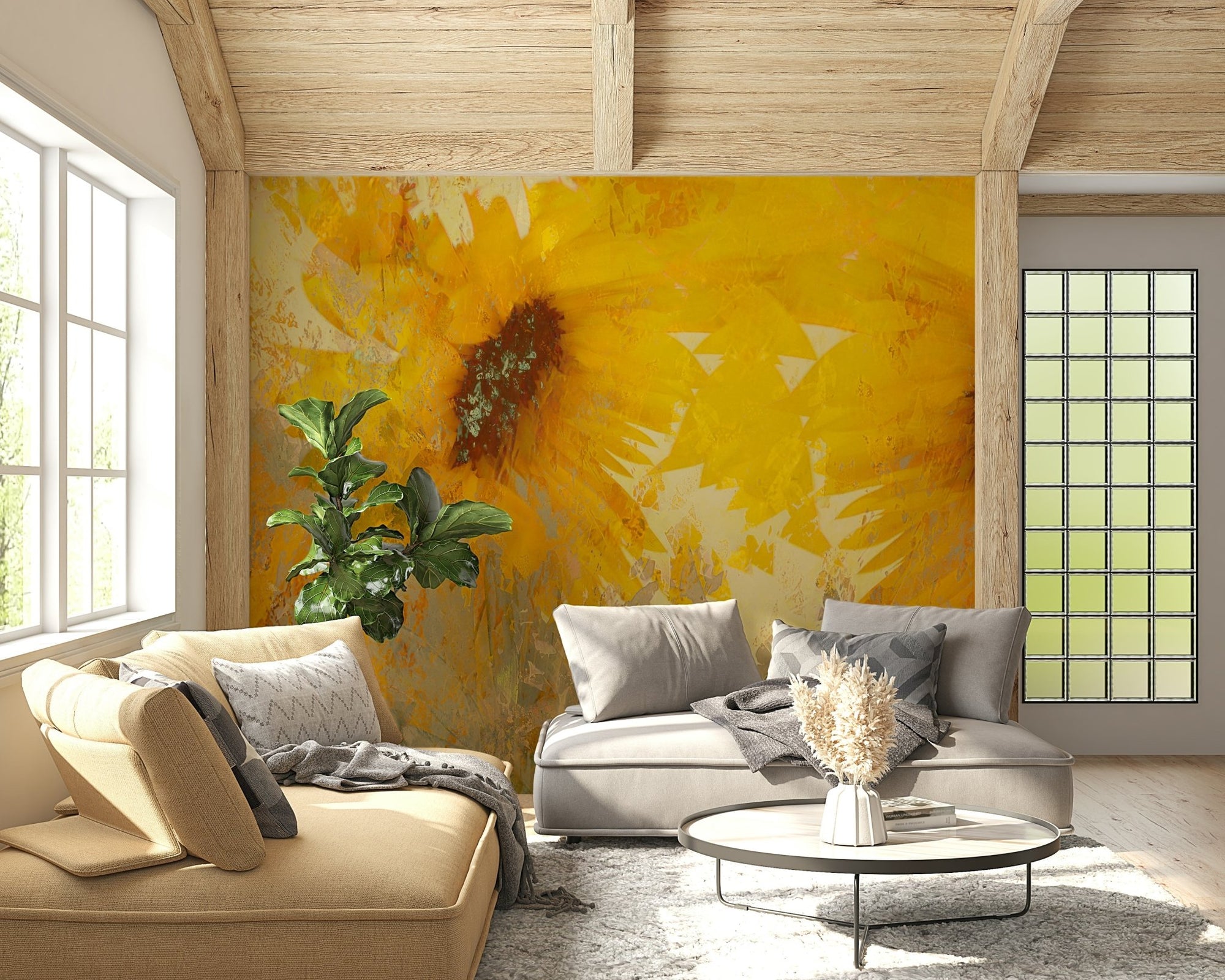 A beautiful golden floral wallpaper mural for a modern home., GD5257