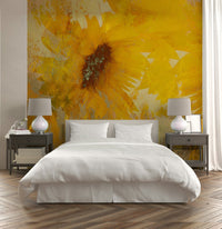 A serene abstract flower wall mural with golden accents., GD5257
