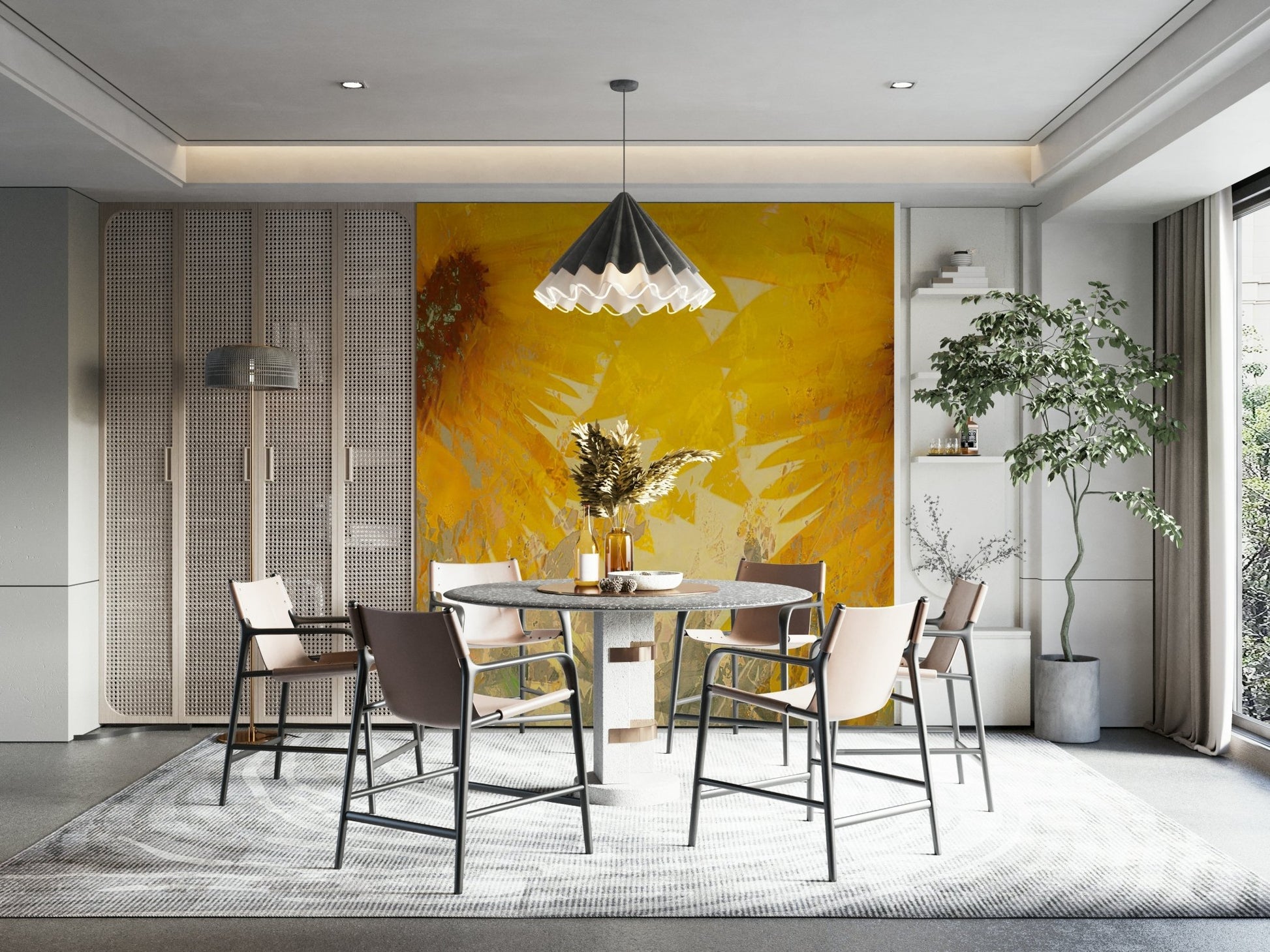 An artistic delicate bloom mural on minimalist wallpaper., GD5257
