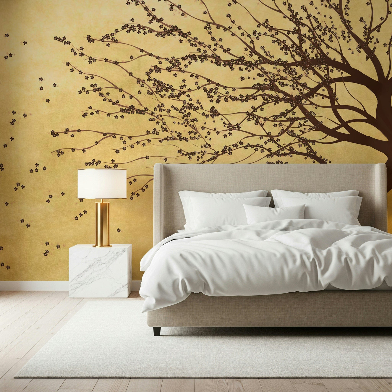 Golden Bloom Breeze wall mural in a luxury living room with gold accents.