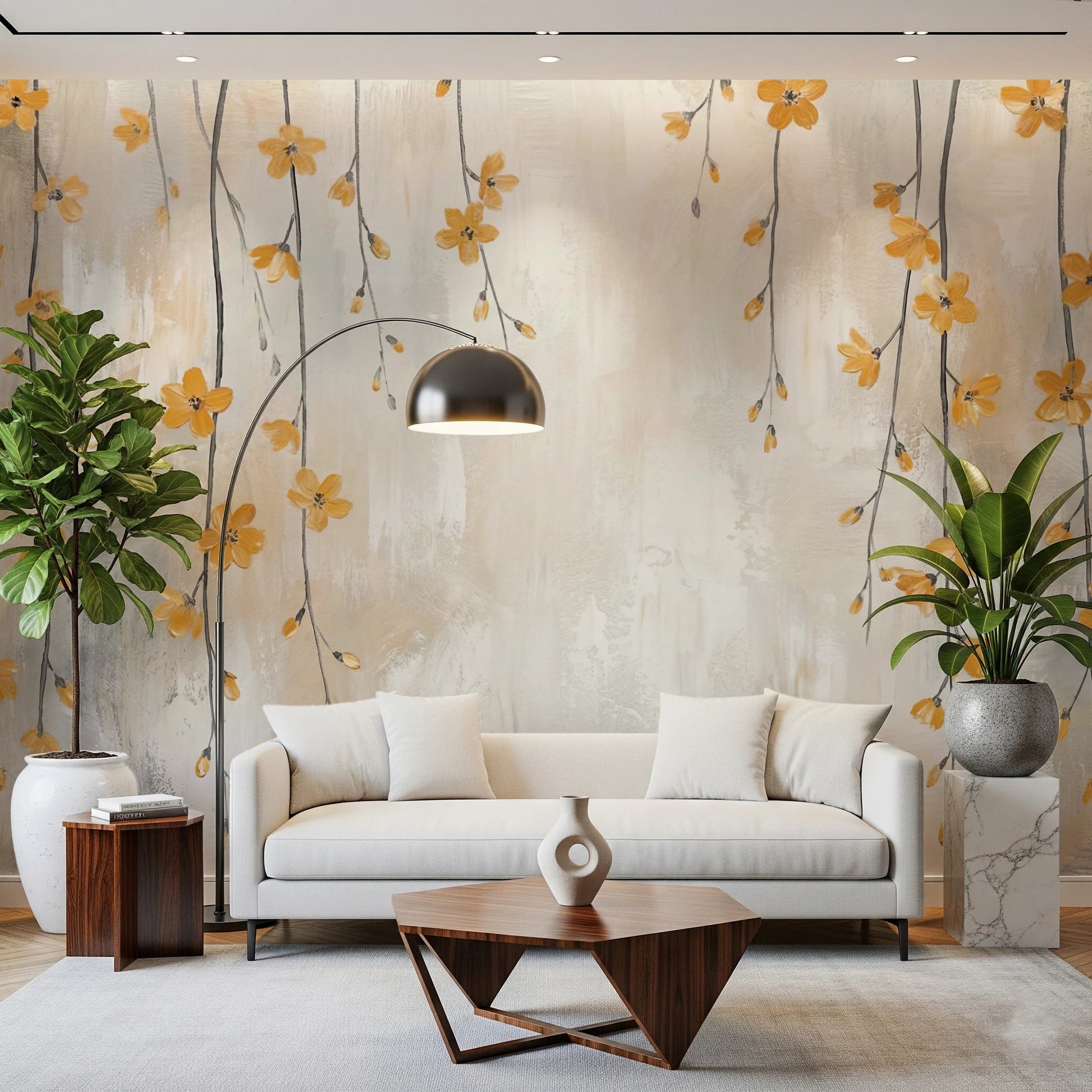 Vertical floral pattern wallpaper in yellow tones