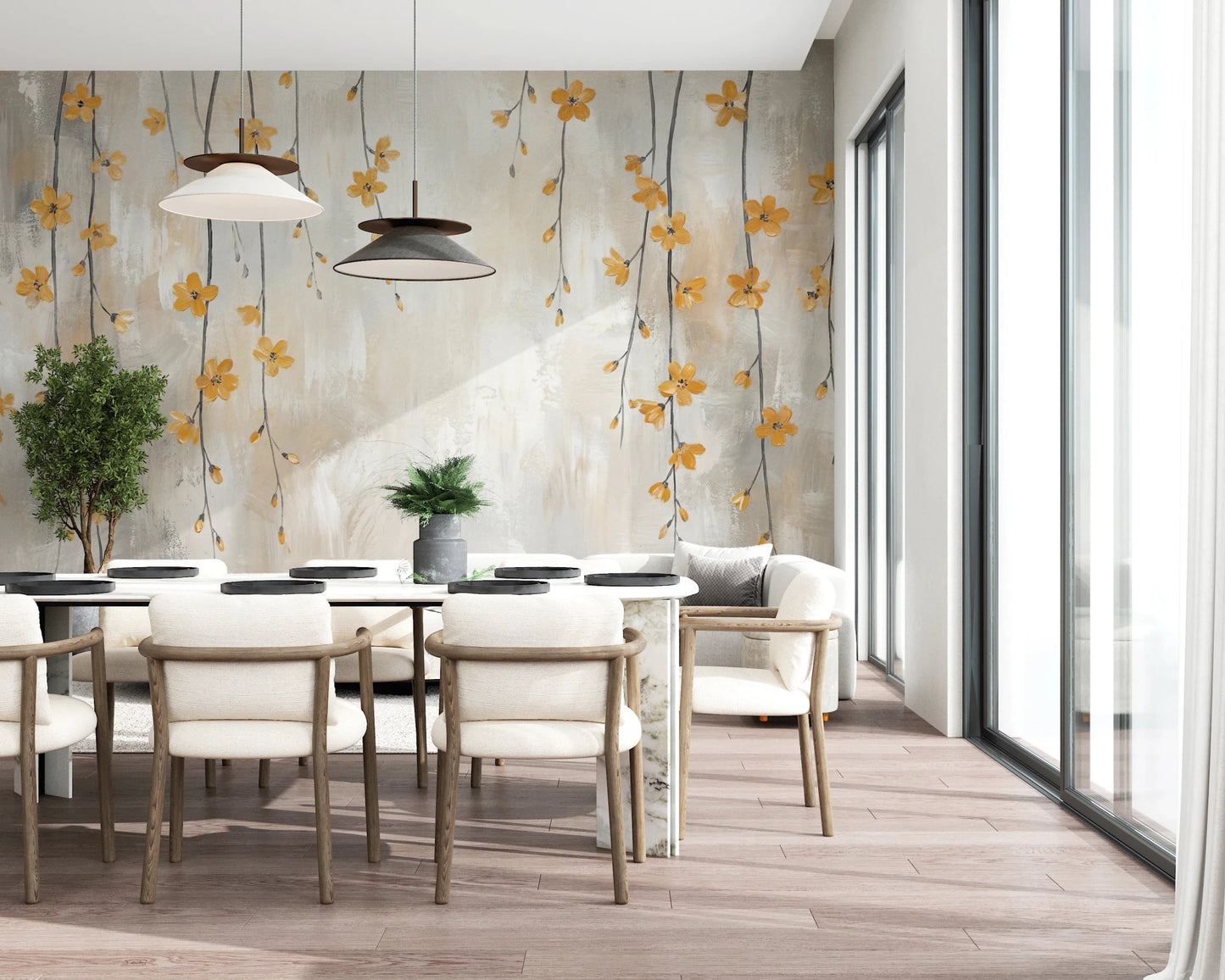 Minimalist gold flower watercolor wall mural
