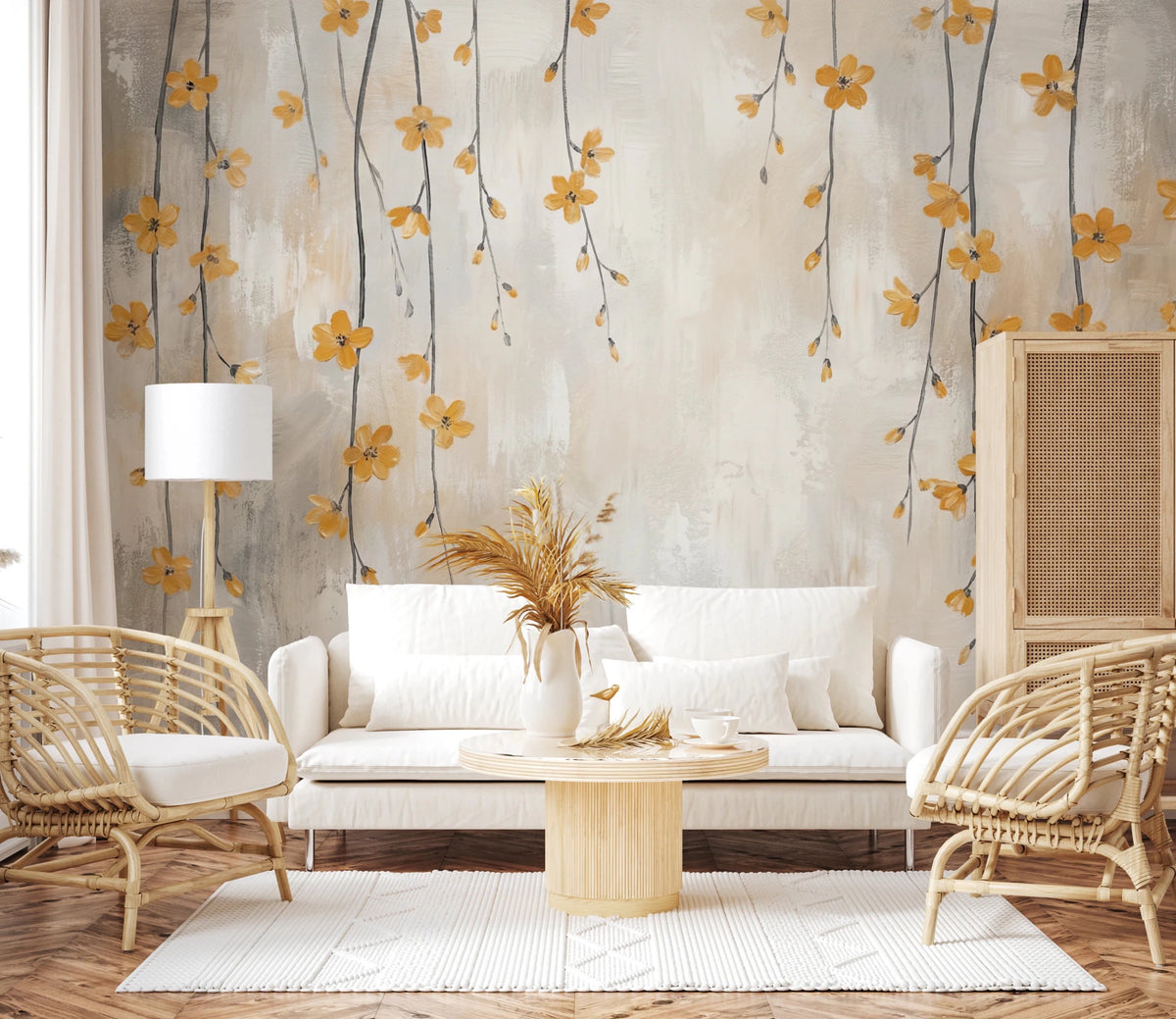 Hanging yellow flowers watercolor wall mural, GD8442