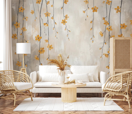 Hanging yellow flowers watercolor wall mural, GD8442