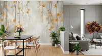 Soft neutral botanical wallpaper with yellow buds
