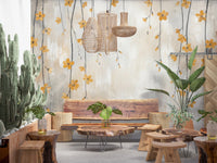 Shabby chic golden floral wallpaper mural
