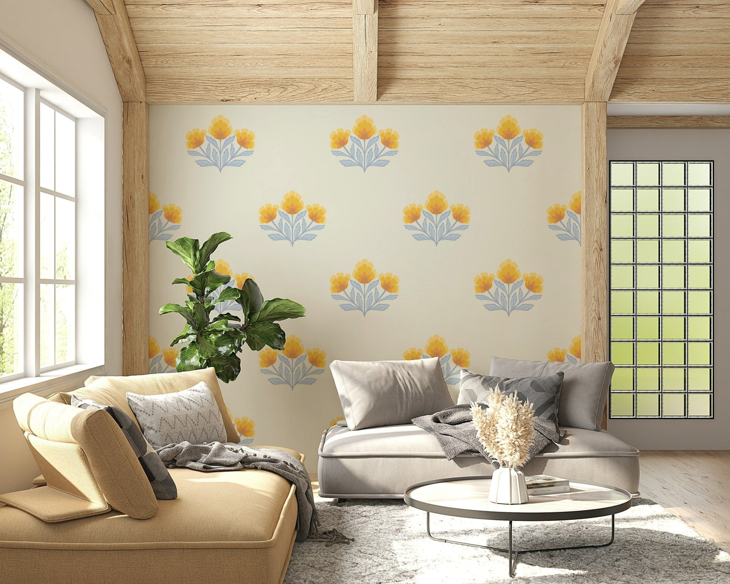 Golden Bloom Repeat ornamental wallpaper motif with powder blue leaves.
