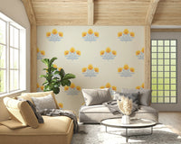 Golden Bloom Repeat ornamental wallpaper motif with powder blue leaves.