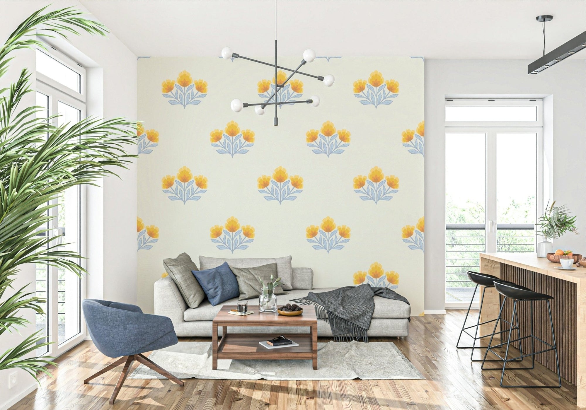 Golden Bloom Repeat elegant floral wall mural design element., GD6858