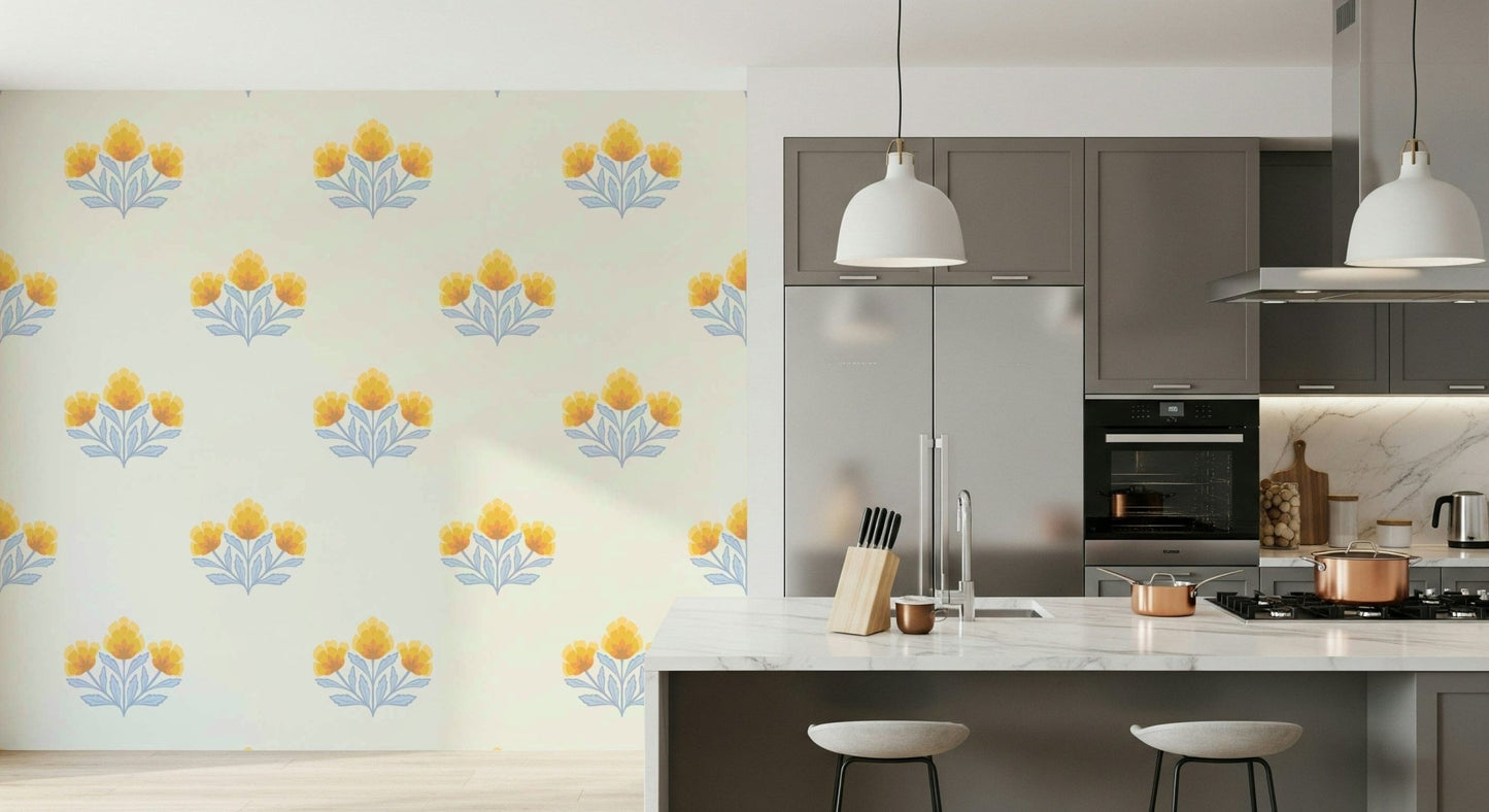 Charming Bloom Repeat folk art wall mural, cheerful yellow petals.