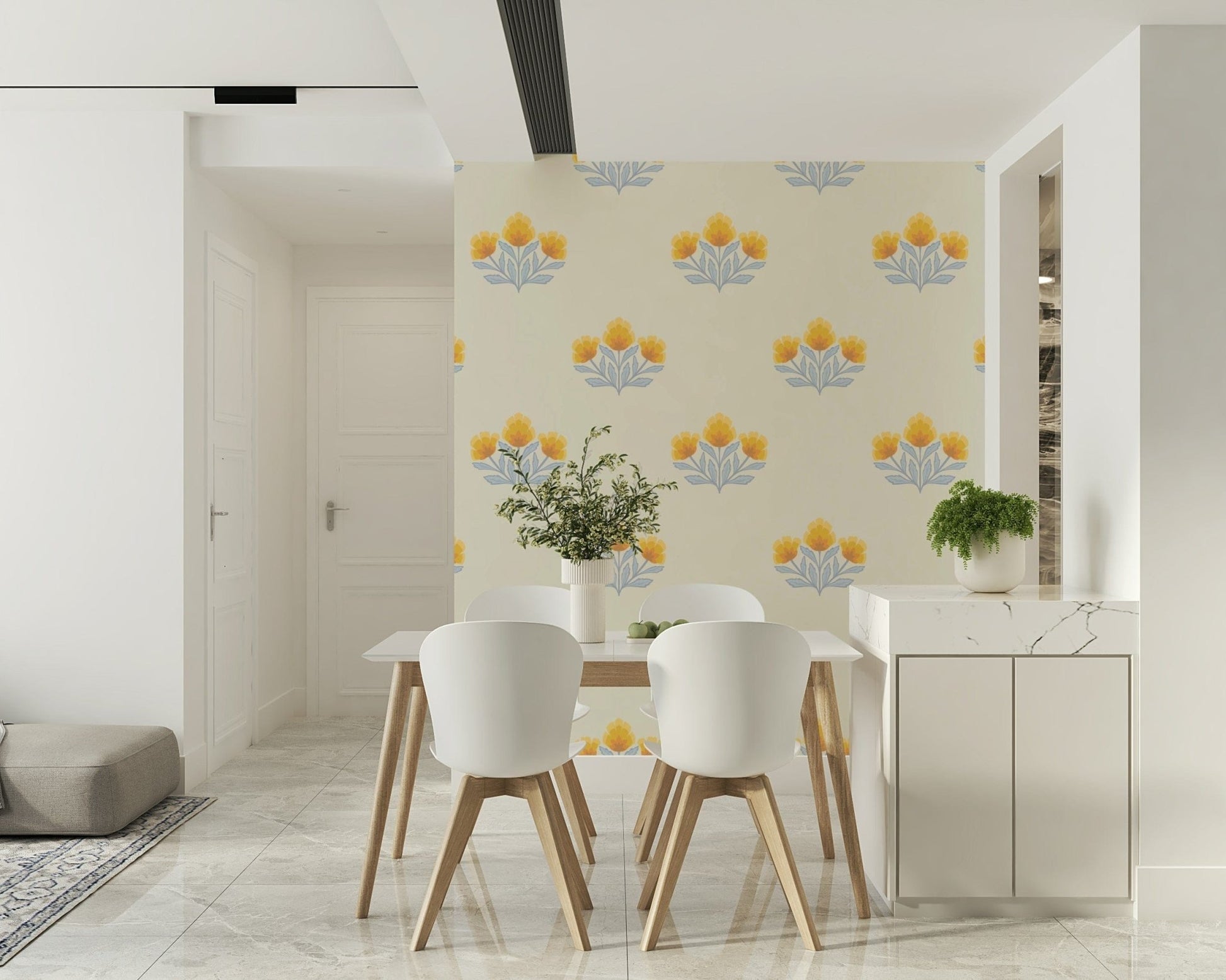 Symmetric Golden Bloom repeat wallpaper, lovely three-flower design.