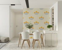Symmetric Golden Bloom repeat wallpaper, lovely three-flower design.