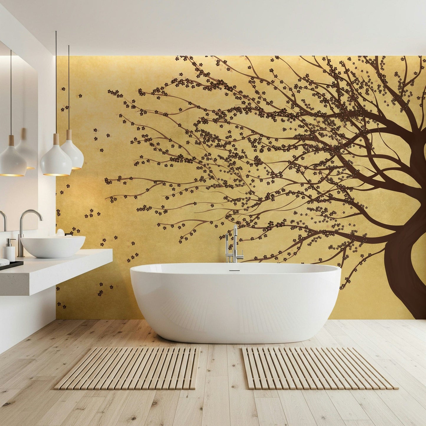 Golden Bloom Breeze wall mural in a bright sunroom with wicker furniture.