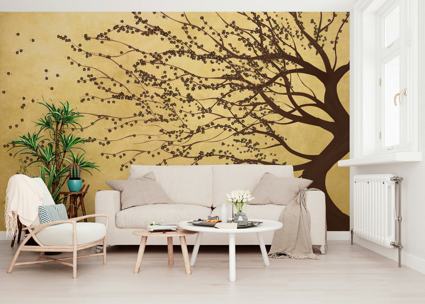 Sophisticated lounge area with Golden Bloom Breeze wallpaper behind a sofa.
