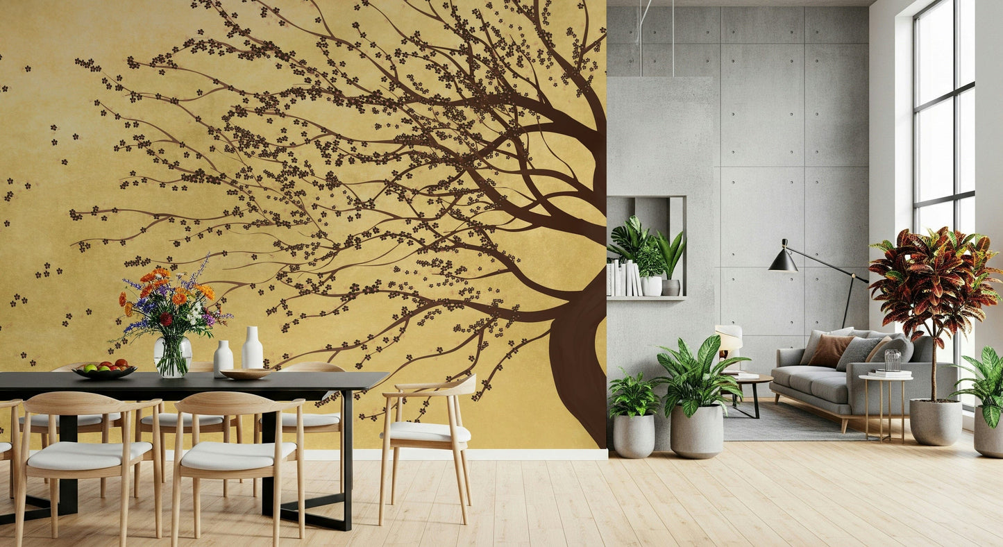 Golden Bloom Breeze wall mural in a contemporary office with wooden desks.