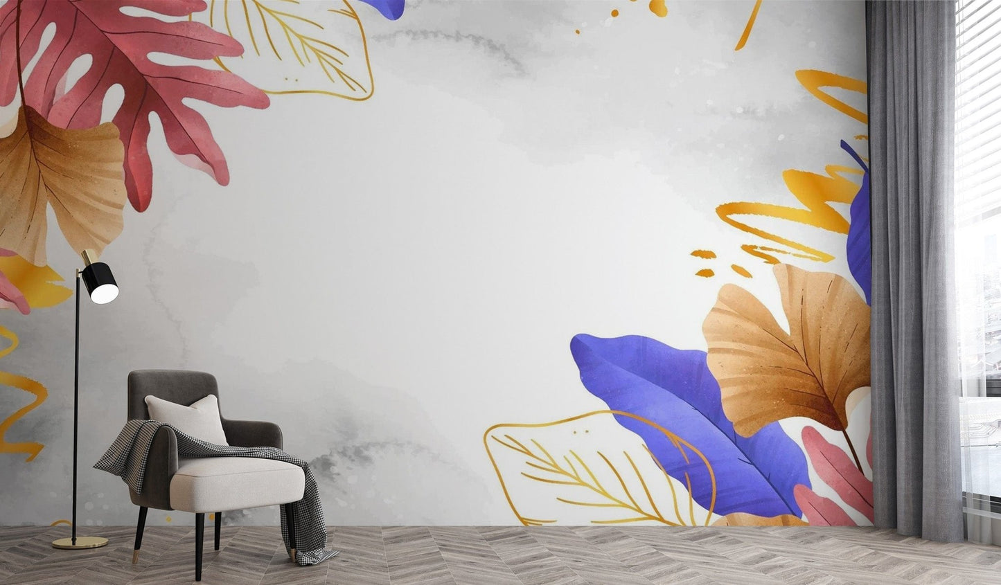 Golden blue and pink leaves wallpaper mural tropical-17