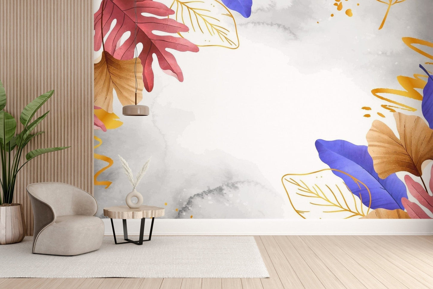 Peel and stick golden blue pink leaves wallpaper tropical-17