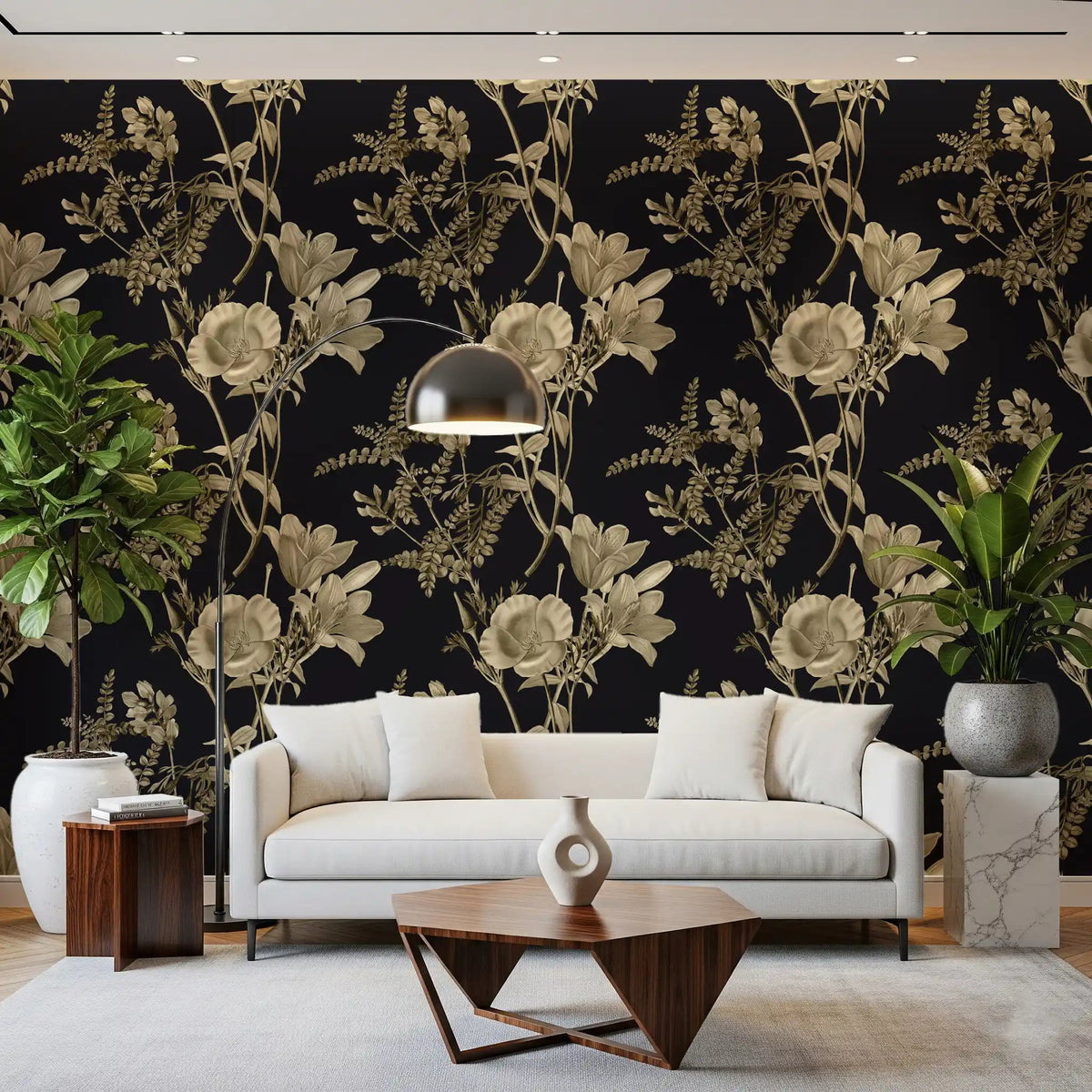 Golden Botanical Drama Wallpaper in Dark Floral Contrast
