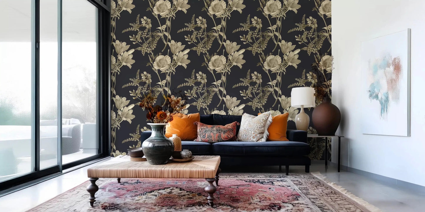 Rich floral contrast in Golden Botanical printed Wallpaper design