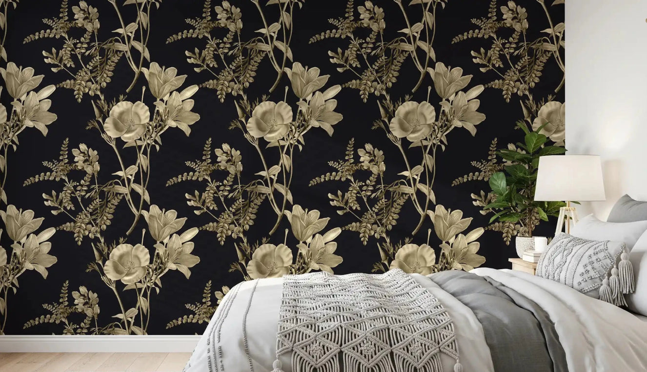 Bedroom wall styled in Golden Botanical Drama Wallpaper with blooms