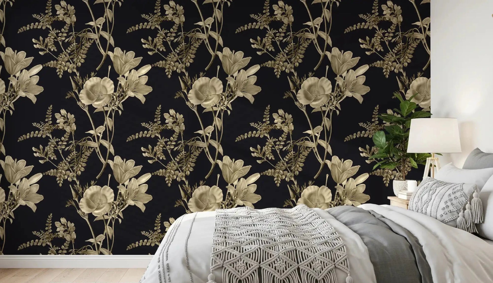Bedroom wall styled in Golden Botanical Drama Wallpaper with blooms, GD9347