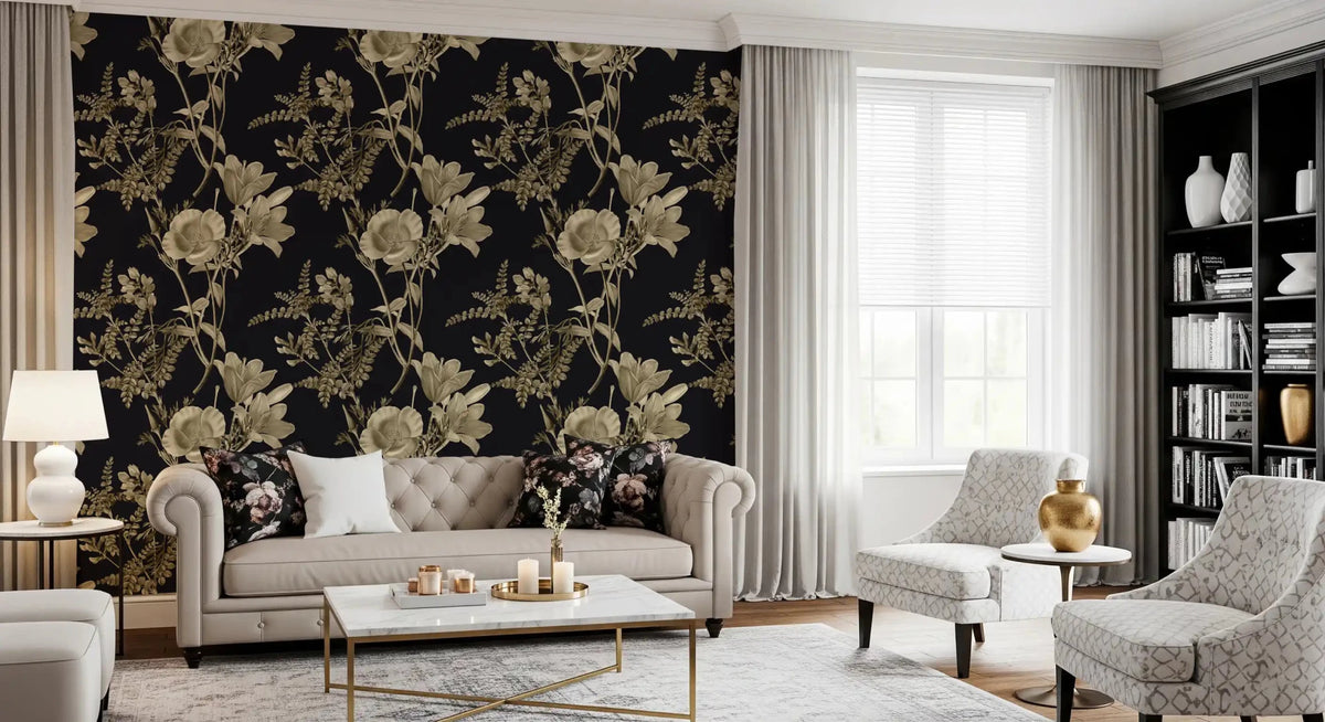 Golden Botanical Drama Wallpaper in Dark Floral Contrast