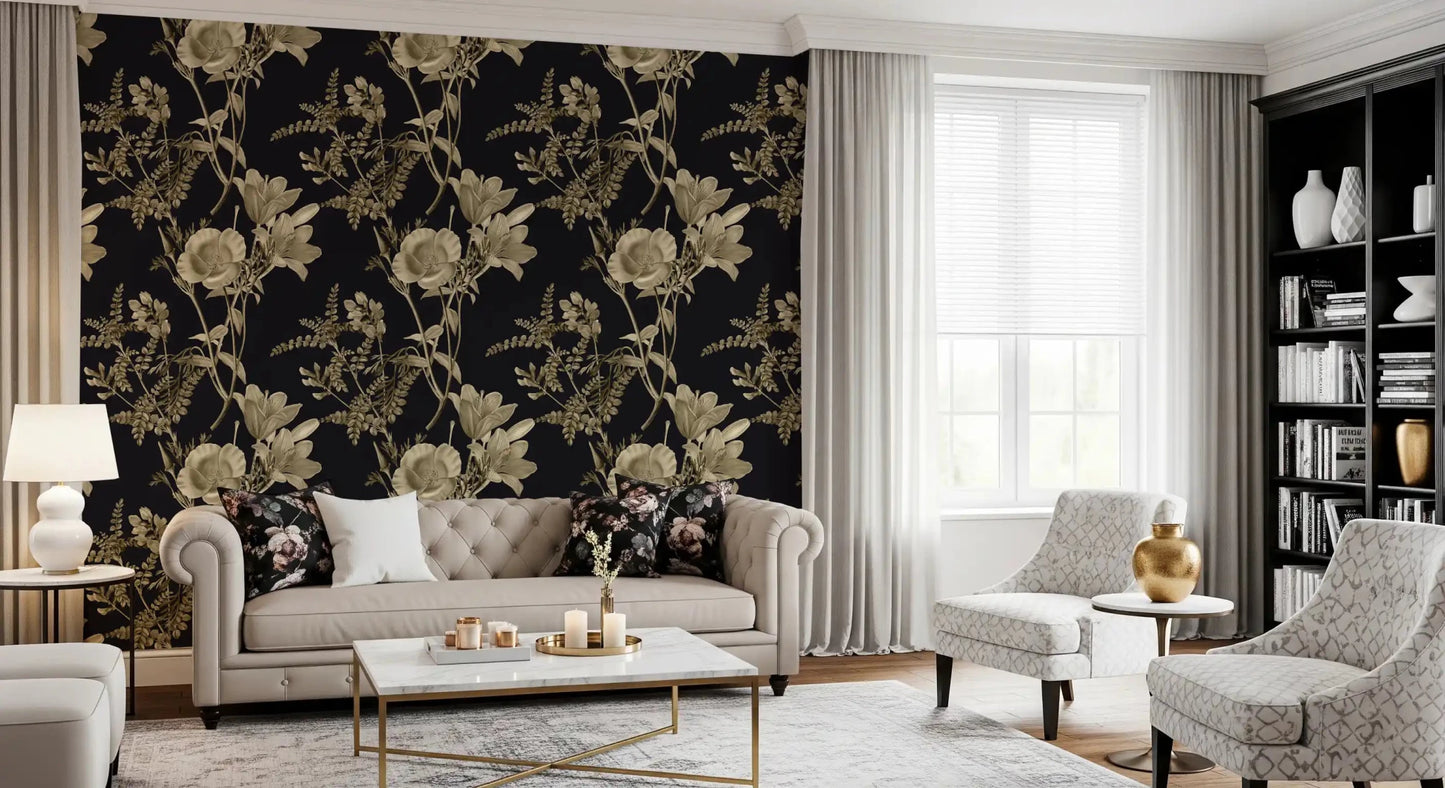 Dark botanical surface with Golden Botanical Drama Wallpaper pattern