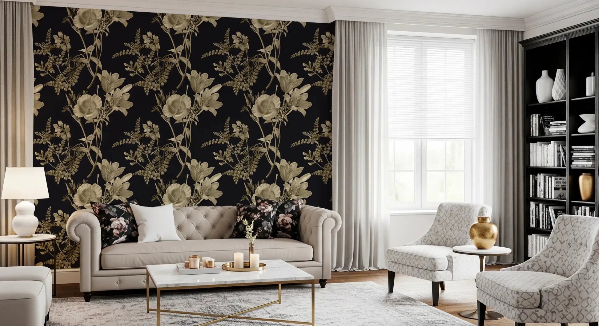 Dark botanical surface with Golden Botanical Drama Wallpaper pattern