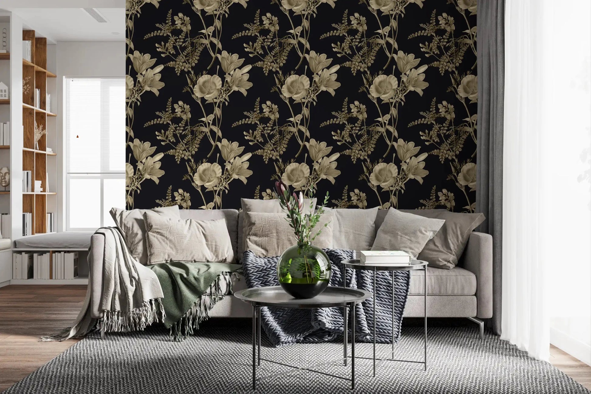 Decorative dark wall with Golden Botanical Drama Wallpaper detail