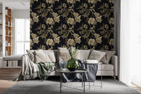 Decorative dark wall with Golden Botanical Drama Wallpaper detail