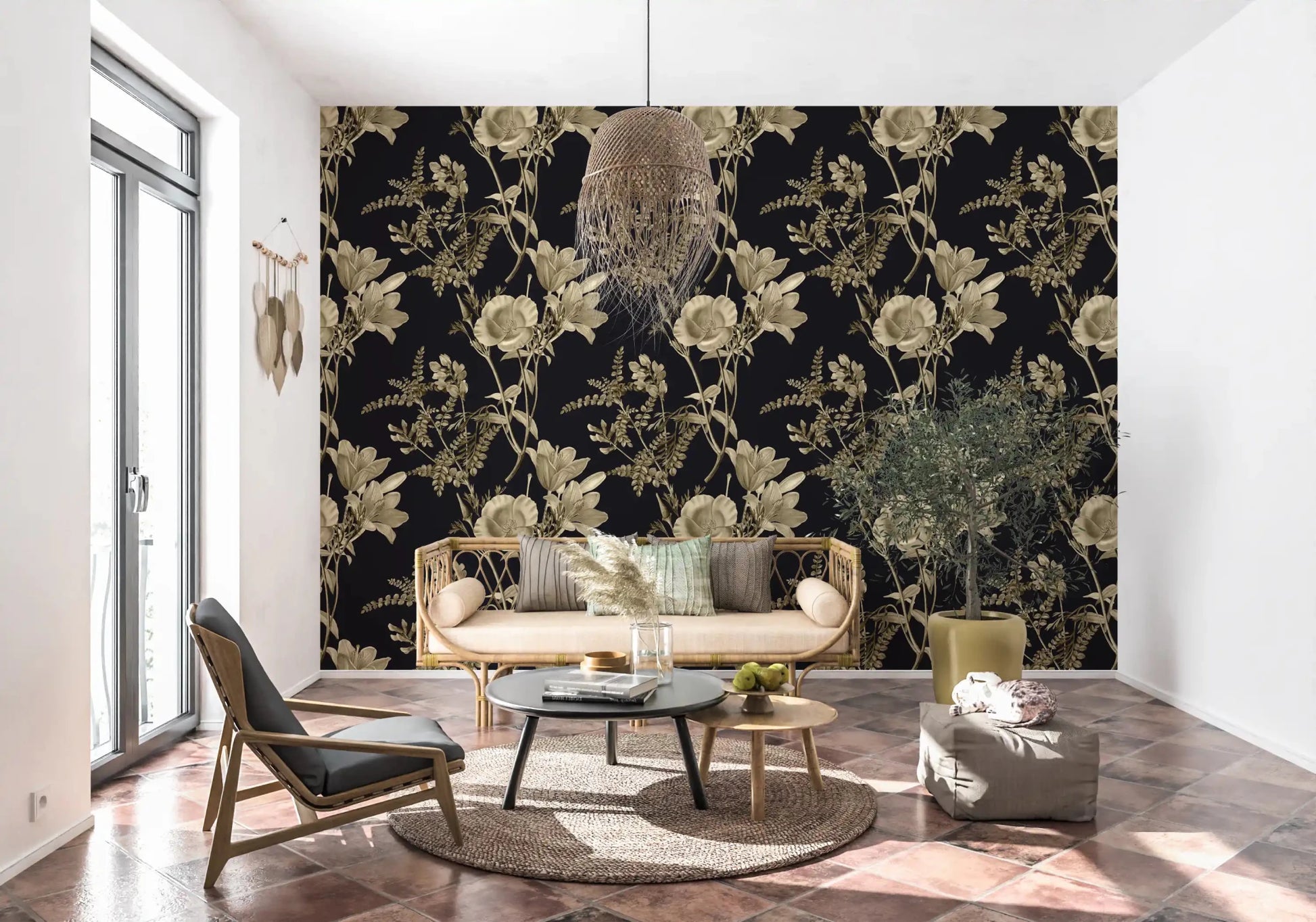 Gold flower pattern on Botanical Drama Wallpaper with shaded leaves