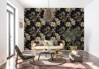 Gold flower pattern on Botanical Drama Wallpaper with shaded leaves