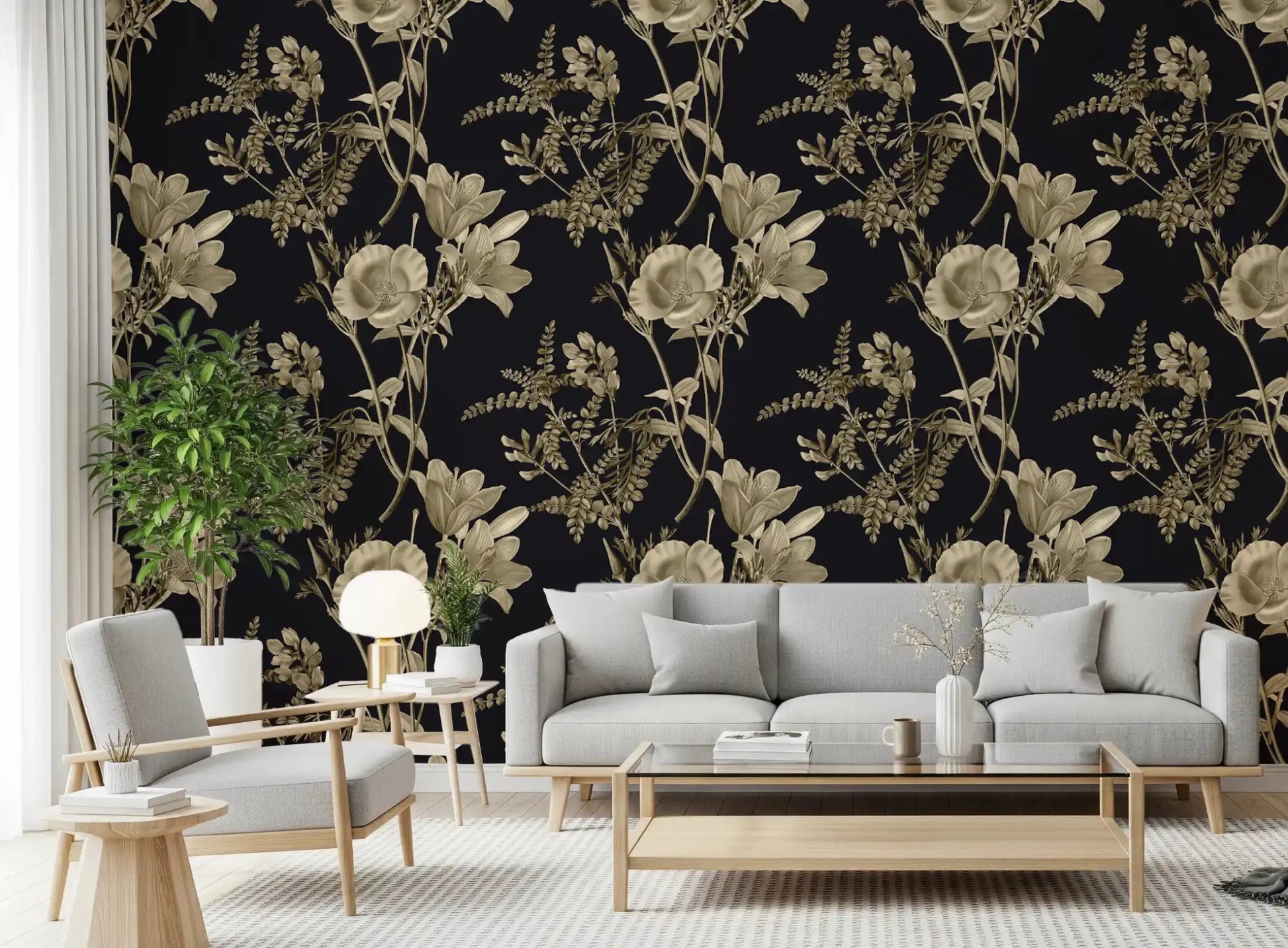 Hallway featuring Golden Botanical Drama Wallpaper and leaf detail