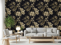 Hallway featuring Golden Botanical Drama Wallpaper and leaf detail