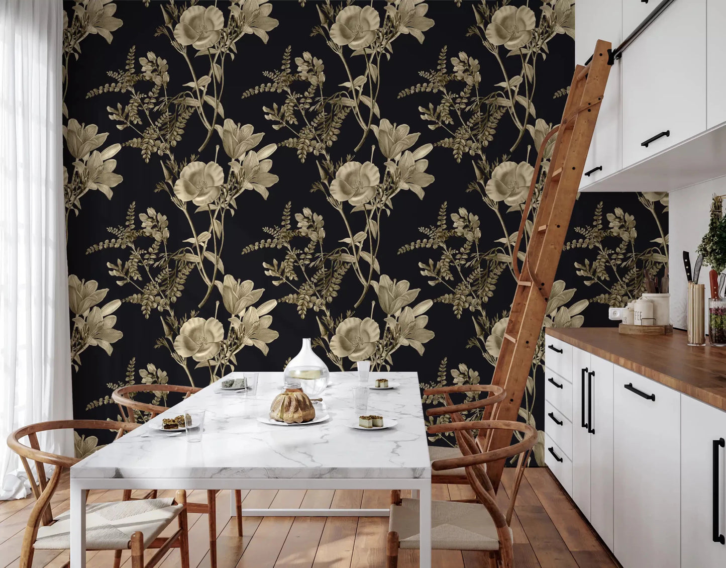Warm golden blossoms across Botanical Drama Wallpaper with branches