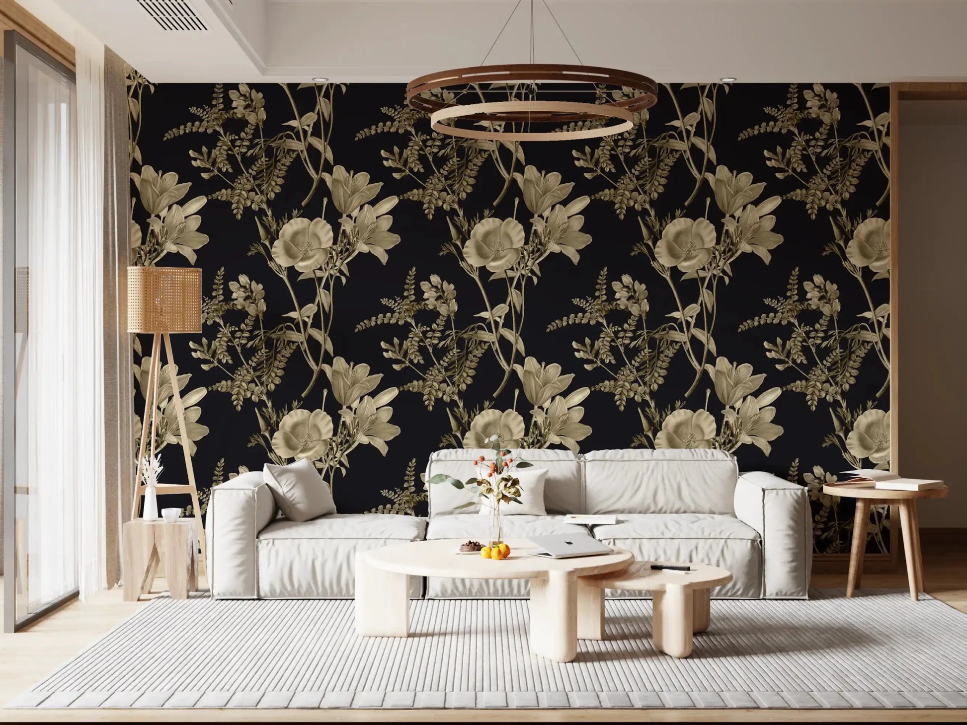 Living room with Golden Botanical Drama Wallpaper on a dark floral base