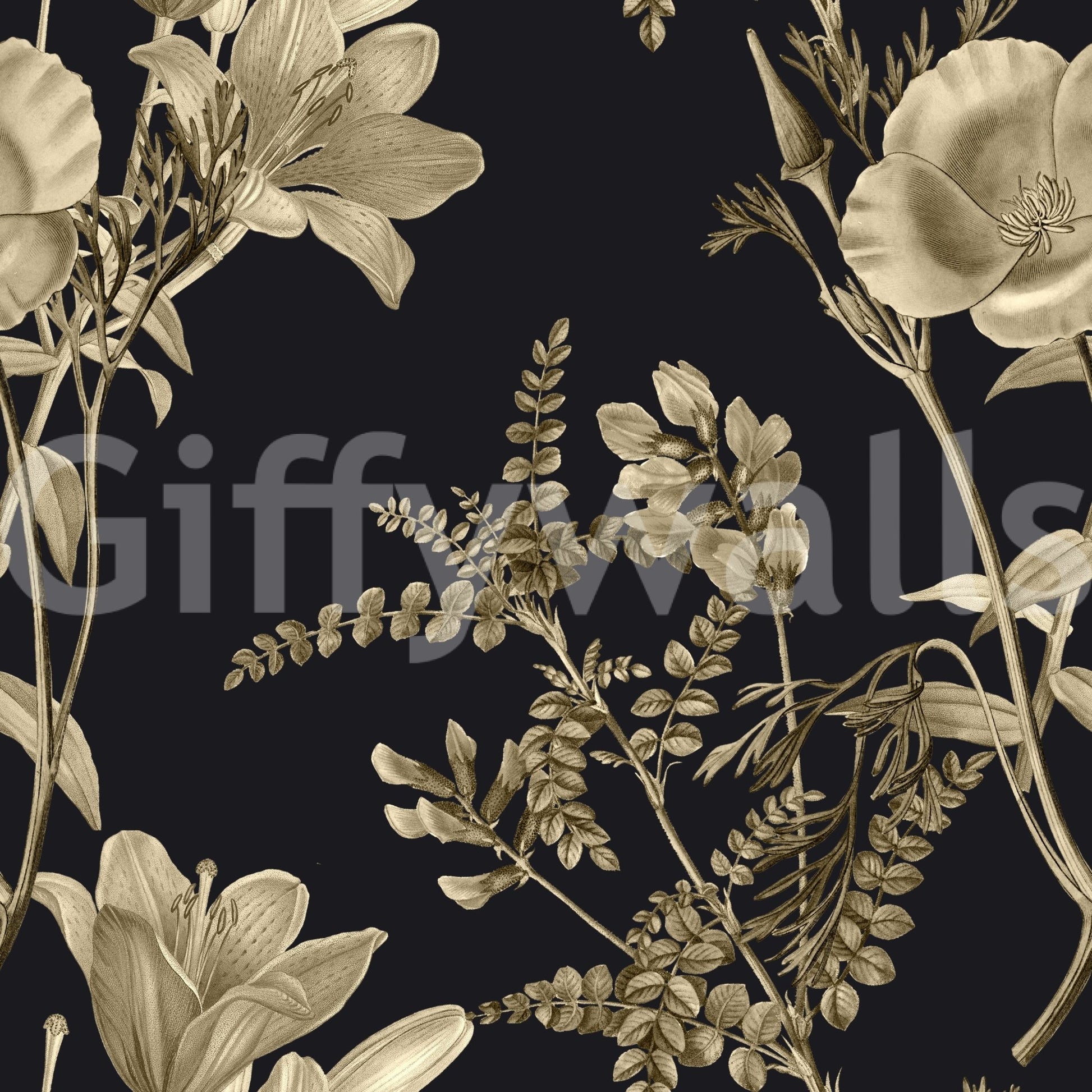 Deep black backdrop with Golden Botanical Wallpaper and soft blooms