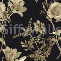 Deep black backdrop with Golden Botanical Wallpaper and soft blooms