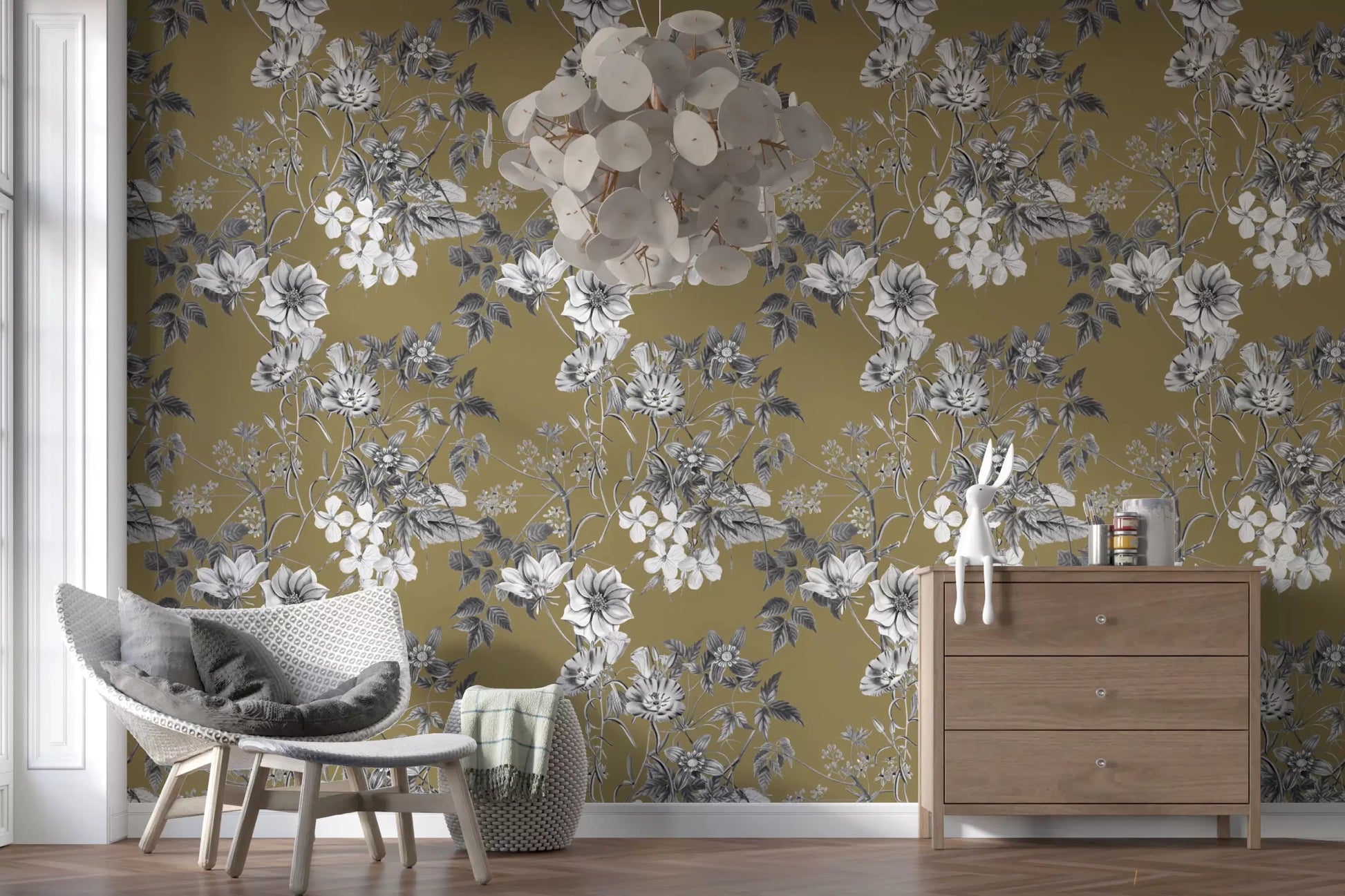 Botanical sketch wallpaper with light floral branches on a golden background