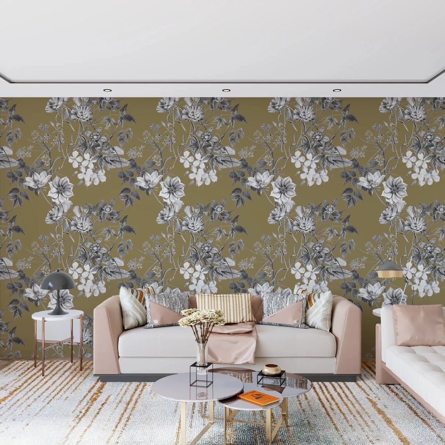Hallway featuring Golden Botanical Prints wallpaper on a muted golden base