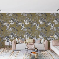 Hallway featuring Golden Botanical Prints wallpaper on a muted golden base