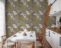 Kitchen wall with Golden Botanical Prints wallpaper and classic floral linework