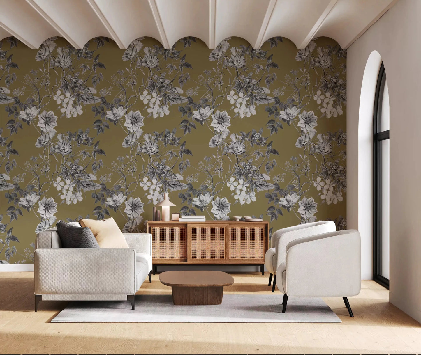 Warm golden wallpaper with hand-drawn flowers and layered foliage pattern