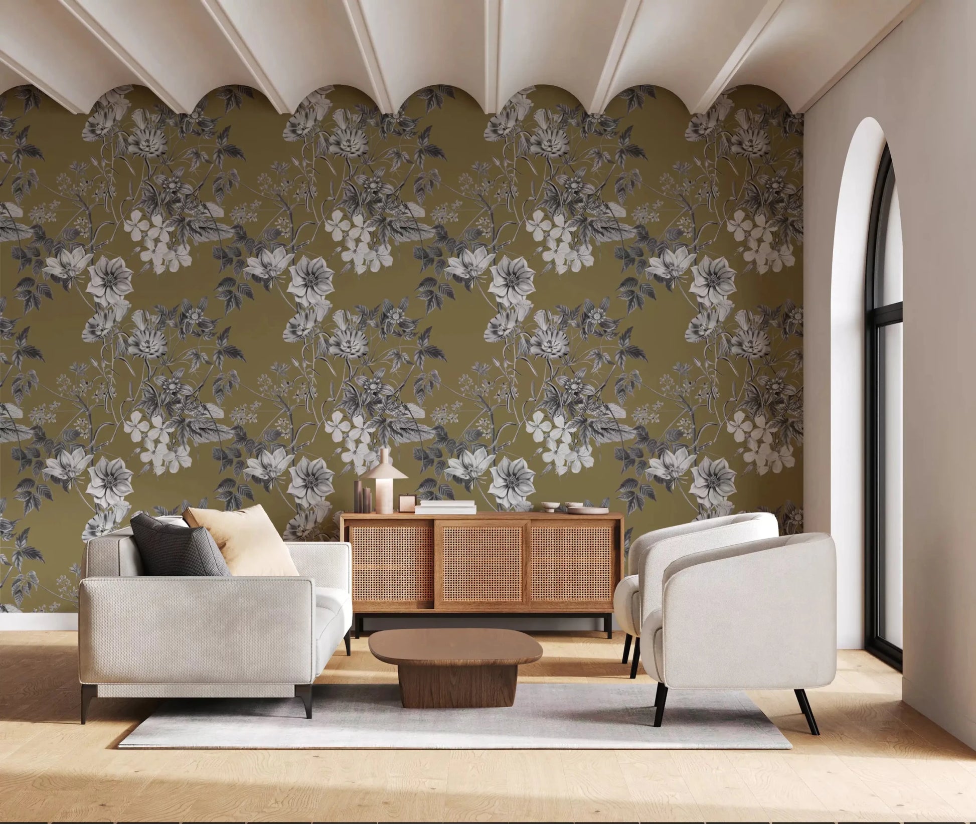 Warm golden wallpaper with hand-drawn flowers and layered foliage pattern