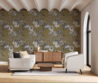 Warm golden wallpaper with hand-drawn flowers and layered foliage pattern