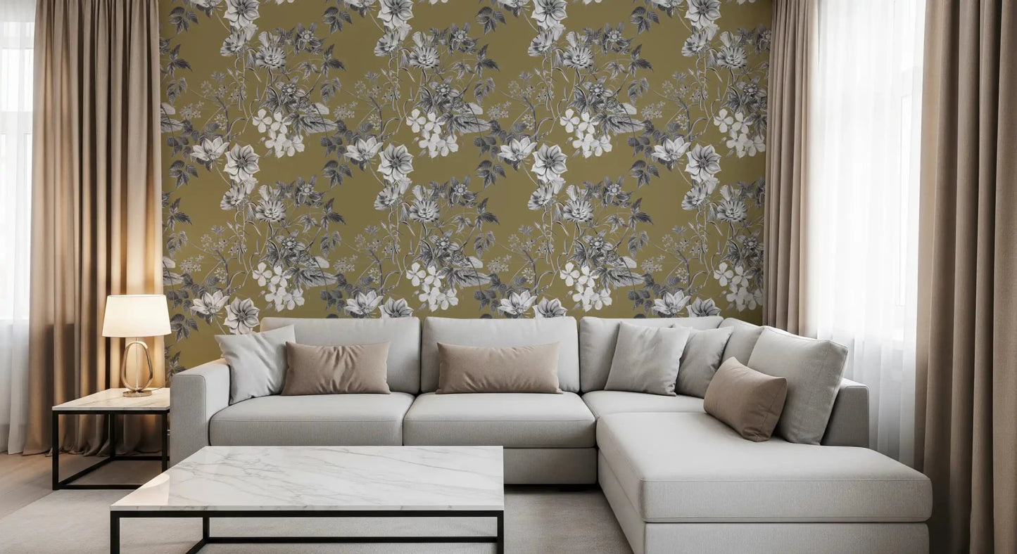 Floral print wallpaper in gold and white with vintage botanical character