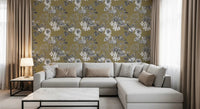 Floral print wallpaper in gold and white with vintage botanical character