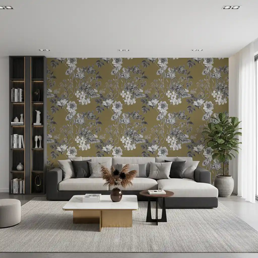 Classic floral wallpaper with golden tones and soft monochrome detailing