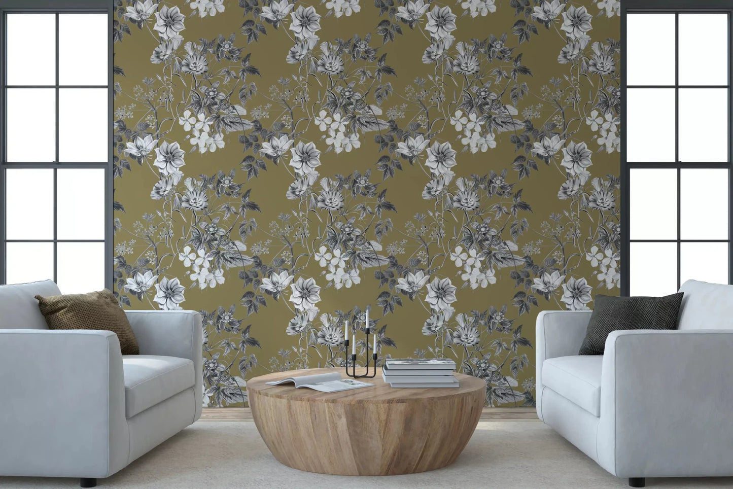 Living room styled in Golden Botanical Prints wallpaper with soft leaf detailing