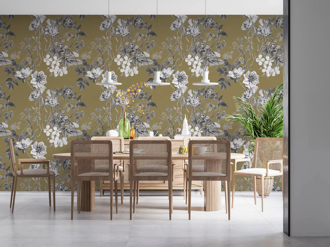 Golden botanical wallpaper with pale flowers and detailed branch sketching